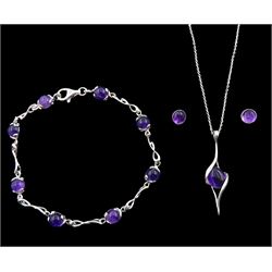 Silver amethyst bracelet, pendant necklace and pair of stud earring, all stamped 925