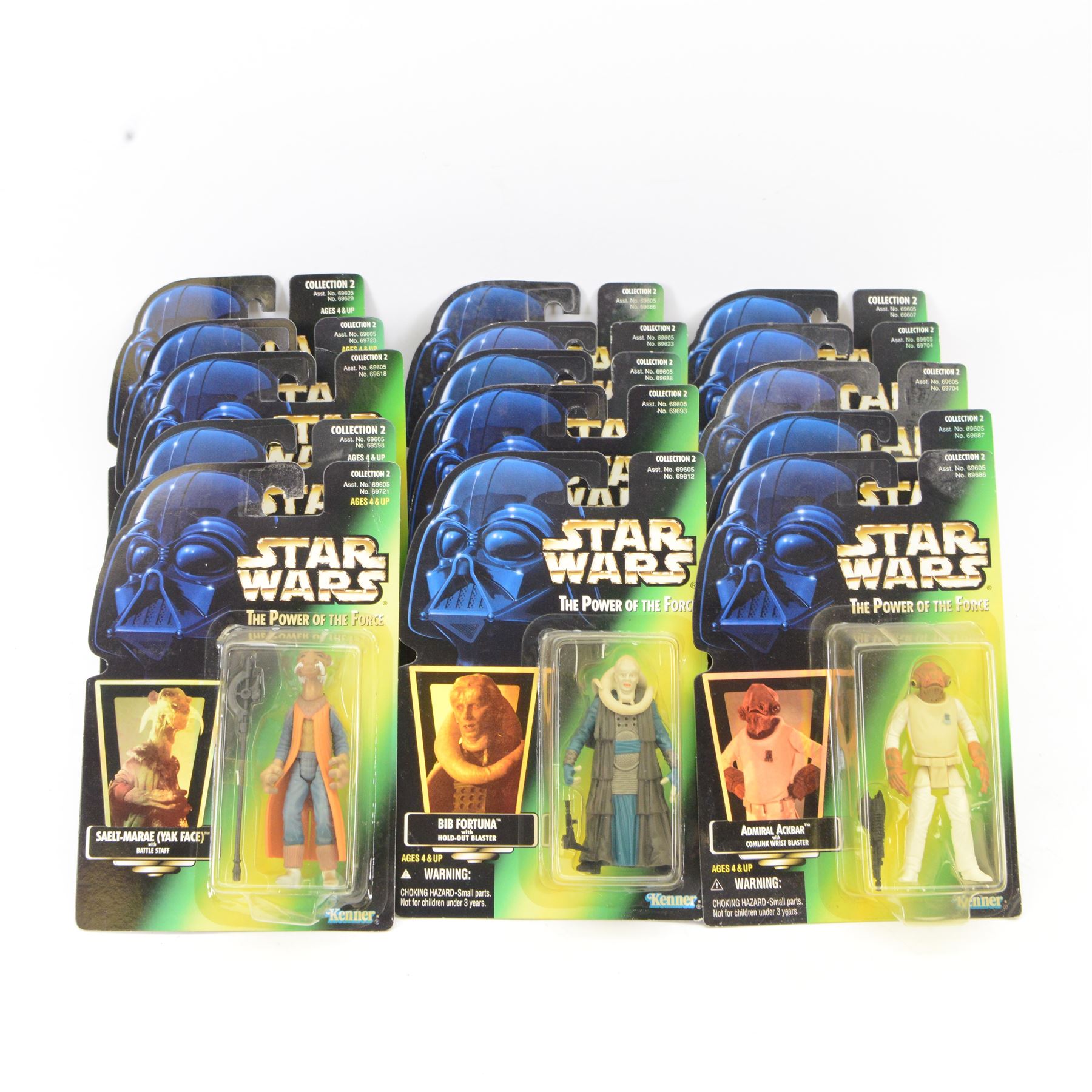 Fifteen Kenner Star Wars The Power Of The Force Collection 2 action figures, comprising Malakili no. 69723, 2-1B Medic Droid no. 69618, Momaw Nadon no. 69629, 4-Lom no. 69688, Admiral Ackbar no. 69686, Admiral Ackbar with Holo Card Back no. 69686, ASP-7 Droid no. 69704, ASP-7 Droid with Holo Card Back no. 69704, Bib Fortuna no. 69812, Saelt Marae no. 69721, R5-D4 no. 69598, Dengar no. 69687, Jawas no. 69607 and Gamorrean Guard no. 69693, all on green card backs