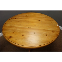  Circular pine pedestal dining table (D120cm, H73cm), and three farmhouse style dining chairs  