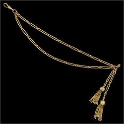 Early 20th century 15ct gold fancy figaro link watch chain, stamped 15, with two gold tassels