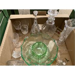 Three boxes of glass to include moulded decanters, Royal Doulton vase, jelly moulds, bowls etc