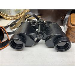 Three pairs of binoculars to include Enbeeco Concord and Bresser, Palestine police patch, framed pictures etc