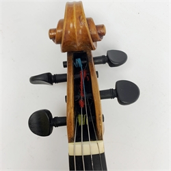  Late 19th century violin with 36cm maple back and spruce top, bears label 'Copy George Klotz Made in 1747', L59cm overall, in ebonised wooden carrying case with two bows  