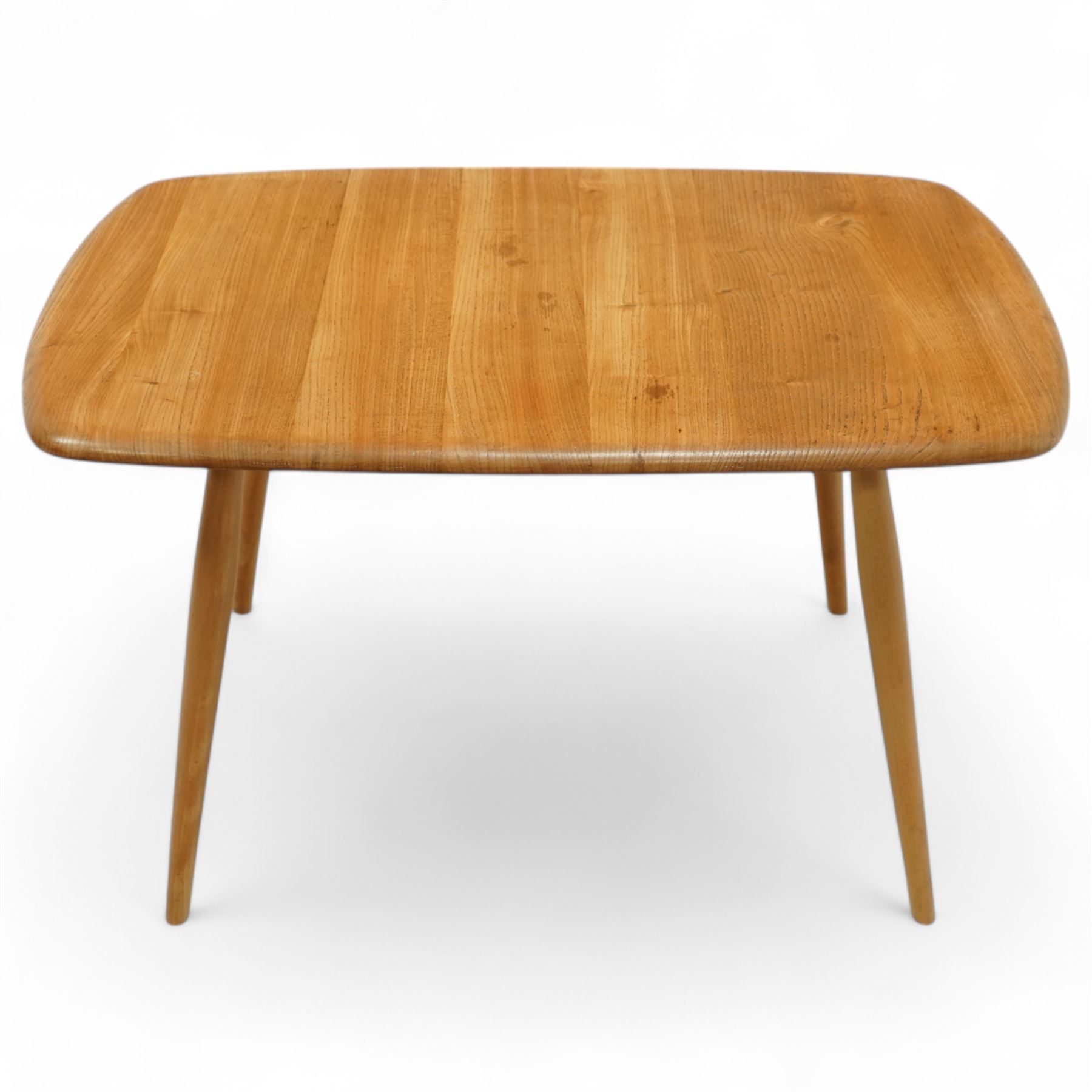 Ercol - golden elm coffee table, rectangular top with curved corners on tapered legs