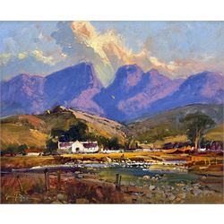 Australian School (Contemporary): Lakeside Home with Mountainous Landscape, oil on board indistinctly signed 24cm x 29cm