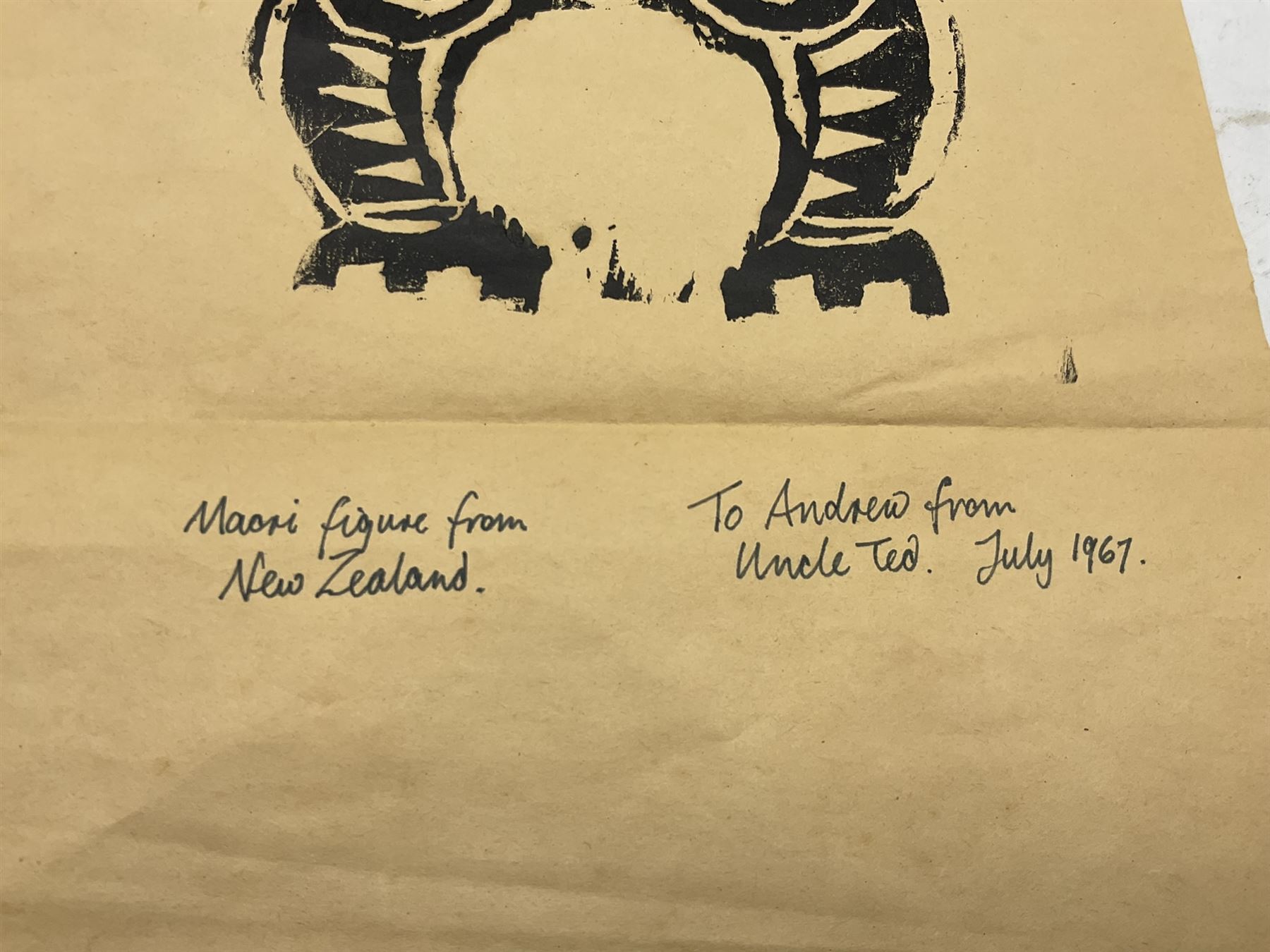 Edward Hardy 'Ted' Harrison (Canadian 1926-2015): 'Maori Figure from New Zealand', screenprint signed titled inscribed 'To Andrew from Uncle Ted' and dated July 1967, 21cm x 57cm (unframed) 
Provenance: gifted to the vendor as a child in the 1960s by the artist. Harrison was a close friend of the vendor's father when the pair lived in County Durham, known by the family as 'Uncle Ted'. 

Born in a small colliery community in Wingate, County Durham, in 1923, Harrison studied at the Hartlepool School of Art and after the war was awarded a National Diploma at Durham University. He spent time abroad studying various artistic cultures; the present pictures are from his time spent in New Zealand, prior to him leaving for Canada and the Yukon where he enjoyed great success and was most successful. The vendor recalls the day in his parents’ Hartlepool home when 'Uncle Ted' came to bid his farewells; he drew the vendor a self-portrait in his autograph book of him standing under a toadstool, joking that he was ‘a small man’ - which he was!