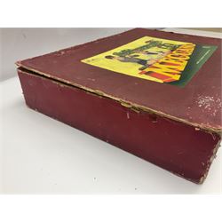 Meccano Outfit No.9 - with good quantity of red and green plates, strips, wheels, brackets, trunnions, tyres, cylinders etc; original box with lift-out tray and instruction manual