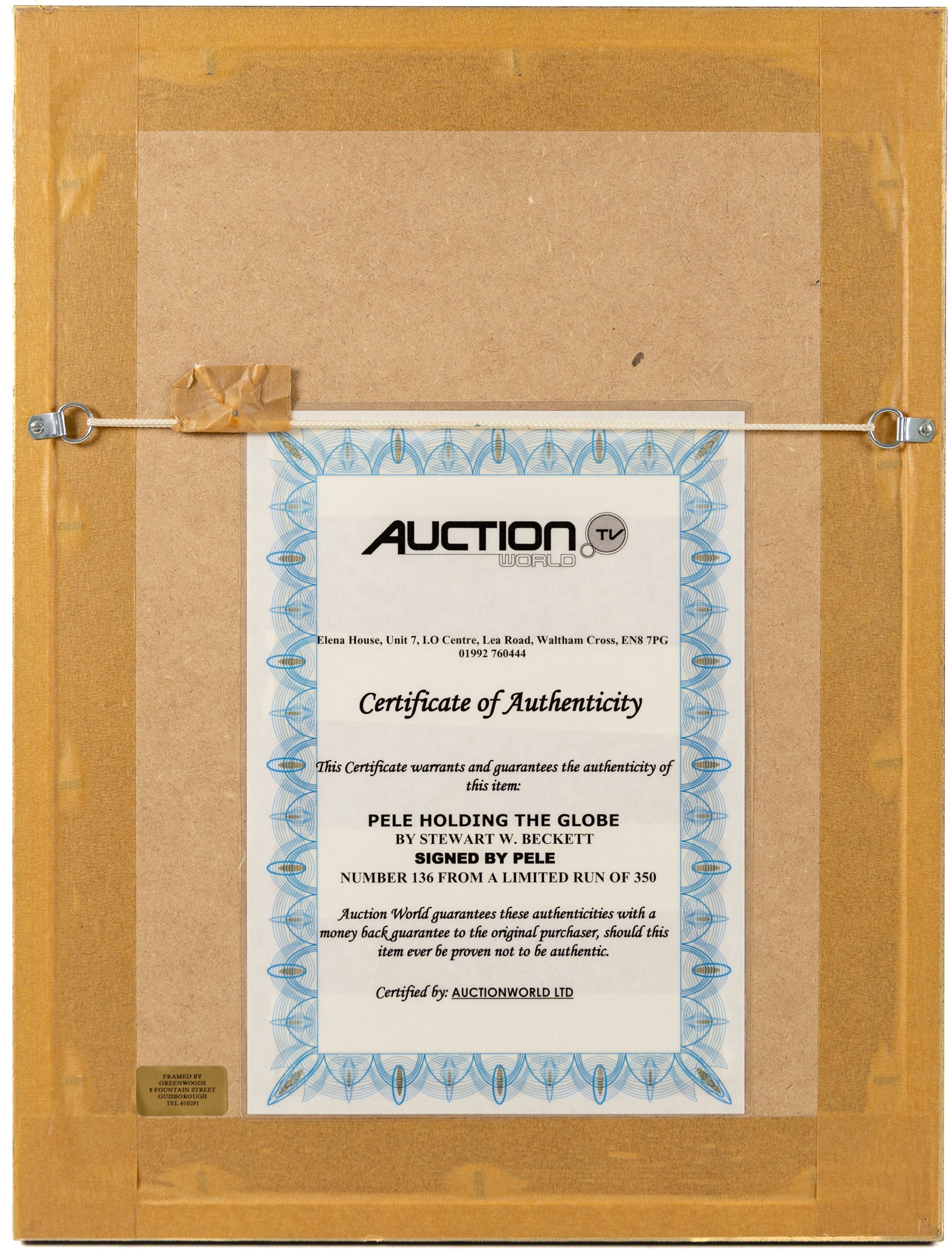 Signed limited edition print 'Pele Holding the Globe' by Stewart Beckett and Jose Palomares, signed by Pele in the centre in black marker, and by the artists below, no 130/350, with certificate of authenticity from Auction World TV, framed, H32cm