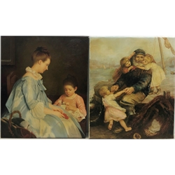 English School (20th century): Fishermen and his Children, oil on canvas unsigned 60cm x 51cm and another textured print of card players after Chaplin (unframed) (2)