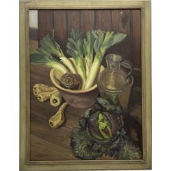 Neil Tyler (British 1945-): 'The Kitchen Floor' - Still life of Vegetables, oil on board signed and dated '89, 80cm x 60cm