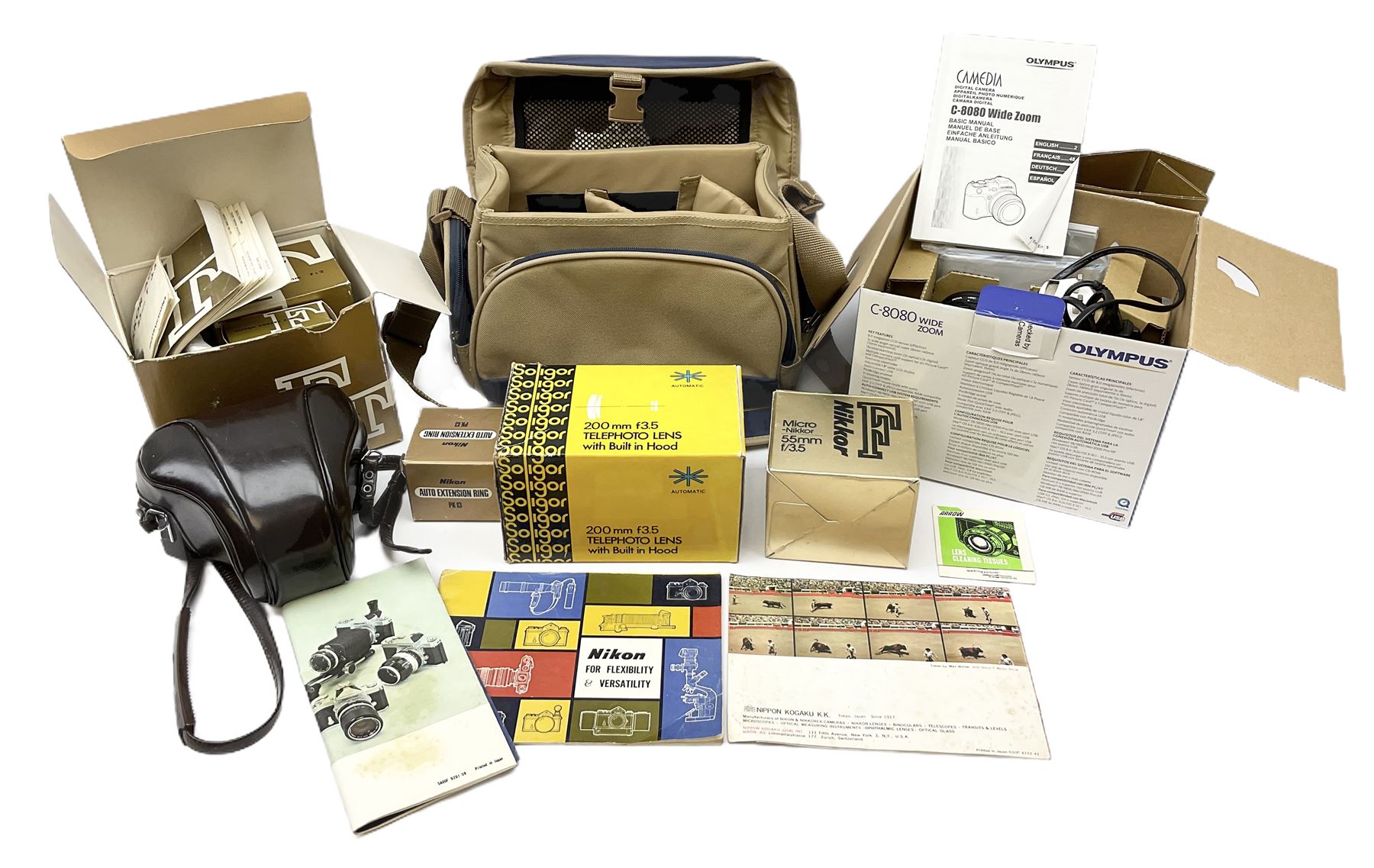 Cameras and accessories including Nikon Nikkormat camera with ‘Nikkor-H 1:2 f=50mm’ lens, Olympus C-8080 wide zoom digital camera, soft case camera bag etc, all untested, in one box