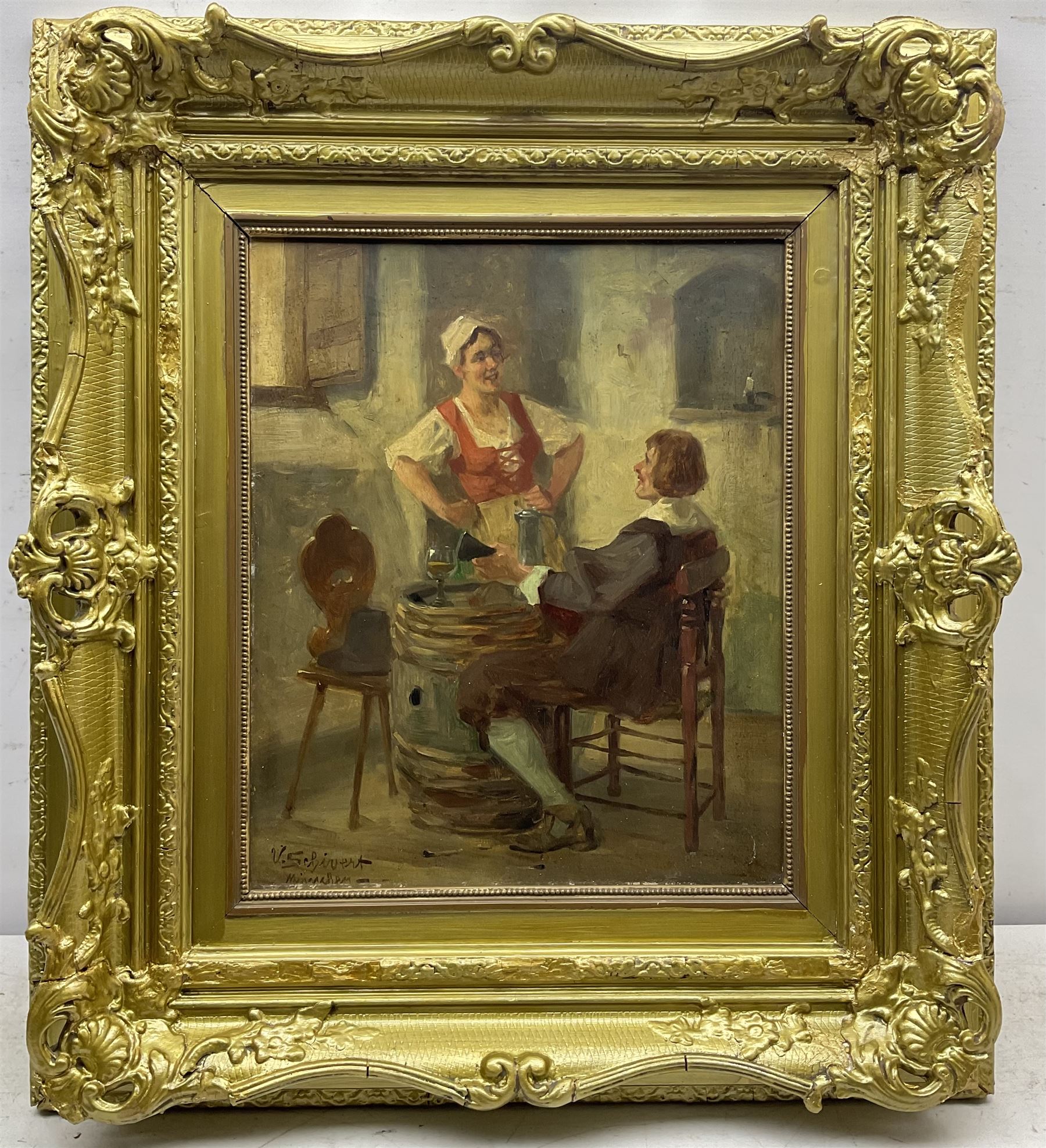 Viktor Schivert (Romanian 1863-1929): Tavern Interior, oil on board signed 45cm x 37cm