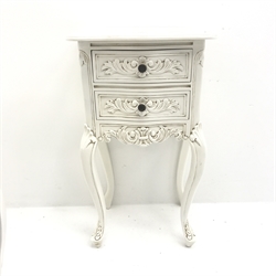 Pair French style two drawer bedside lamp chests, shaped top, two drawers, shell carved cabriole legs, W42cm, H75cm, D32cm
