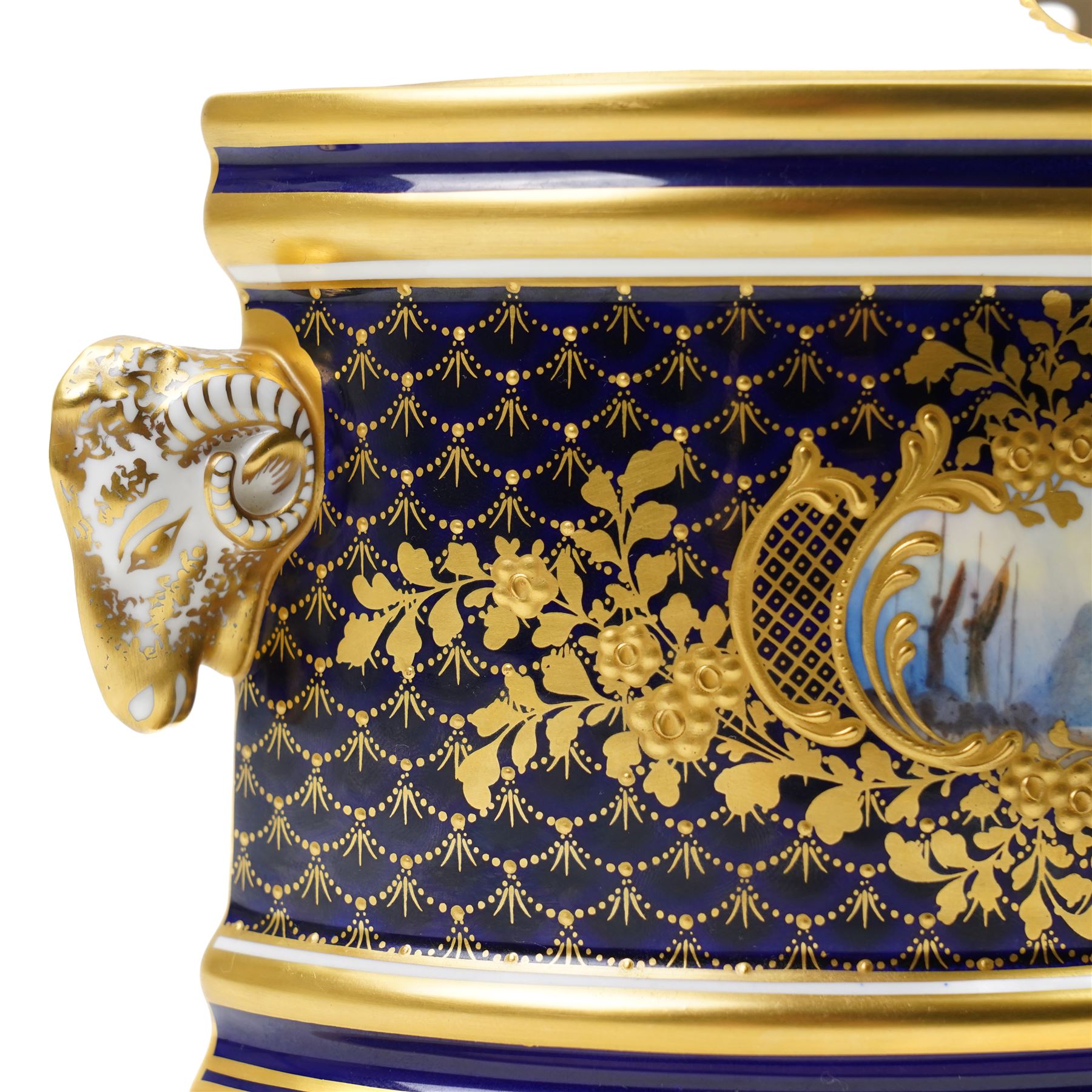 Lynton Porcelain Company demi-lune bough pot and cover, painted with naval scene, printed marks to base, W18cm 