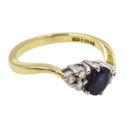 18ct gold oval sapphire and six stone diamond ring, hallmarked 
