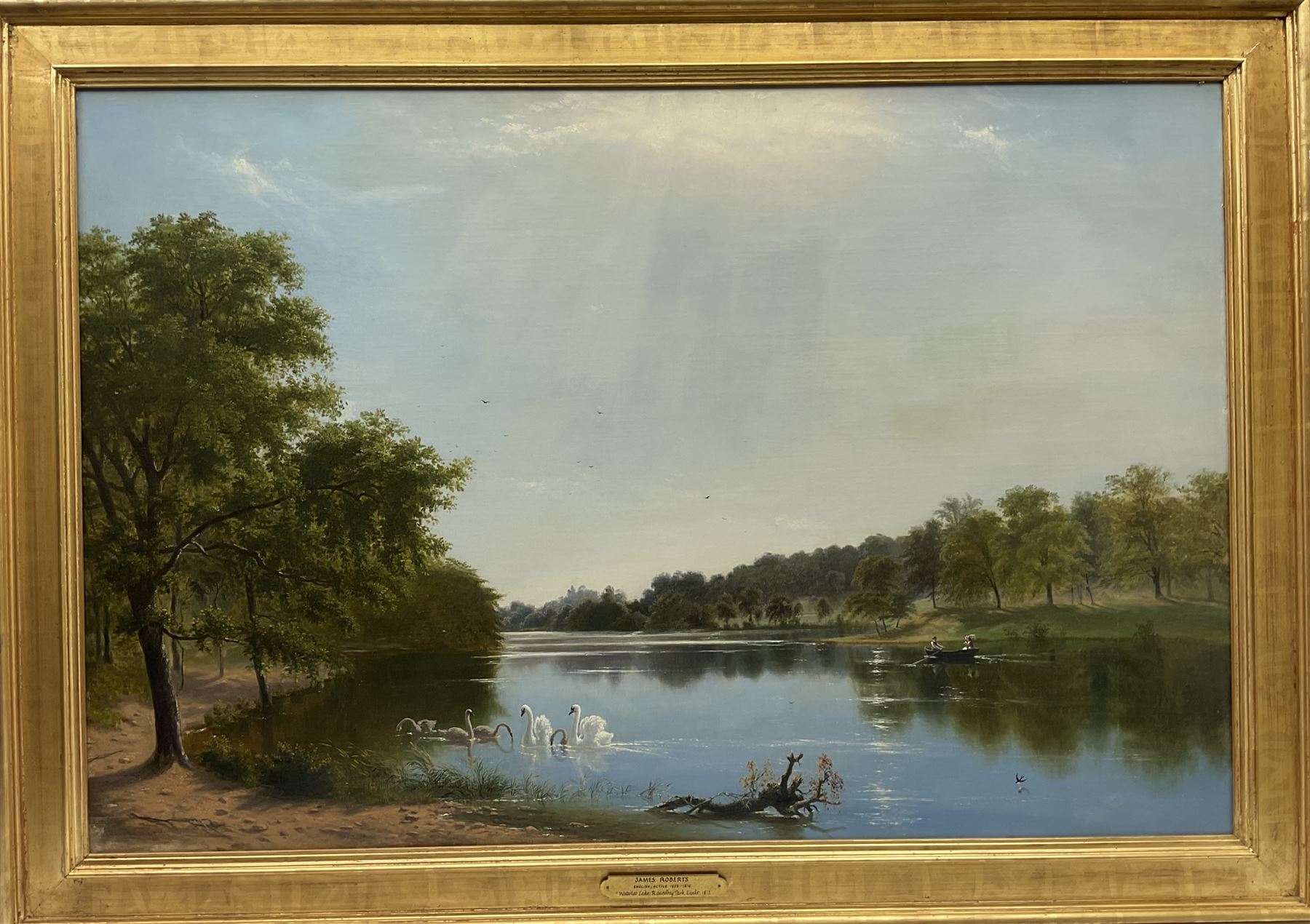 James Roberts RBA (British 1837-1909): 'Waterloo Lake Roundhay Park Leeds', oil on canvas signed and dated 1872, 80cm x 120cm
Notes: Roberts a neglected Yorkshire artist, was baptised at St Peter's, Leeds, son of Samuel and Sarah Roberts. He exhibited eight works at the Royal Society of British Artists in Suffolk Street London. A member of the Ipswich Art Club 1889-1891 and  in 1889 he exhibited five pictures from 11 Park View, Potternewton, an area of Leeds bounded by Roundhay Park, including 'Early Morning on the Gipping', the River Gipping runs from Ipswich through Stowmarket. In 1890 he exhibited four pastels including 'Bolton Abbey on the Wharfe' and 'Druid Circle, Keswick'. He died at Leeds in 1909