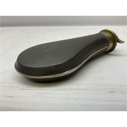 Two Sykes Patent brass mounted small load powder flasks with fire proof safety tops - one with slim plain copper body H17.5cm; the other with plain gun metal body H19cm (2)