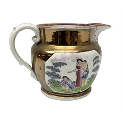 19th century copper lustre jug, transfer decorated with figures in a landscape titled 'Charity' 