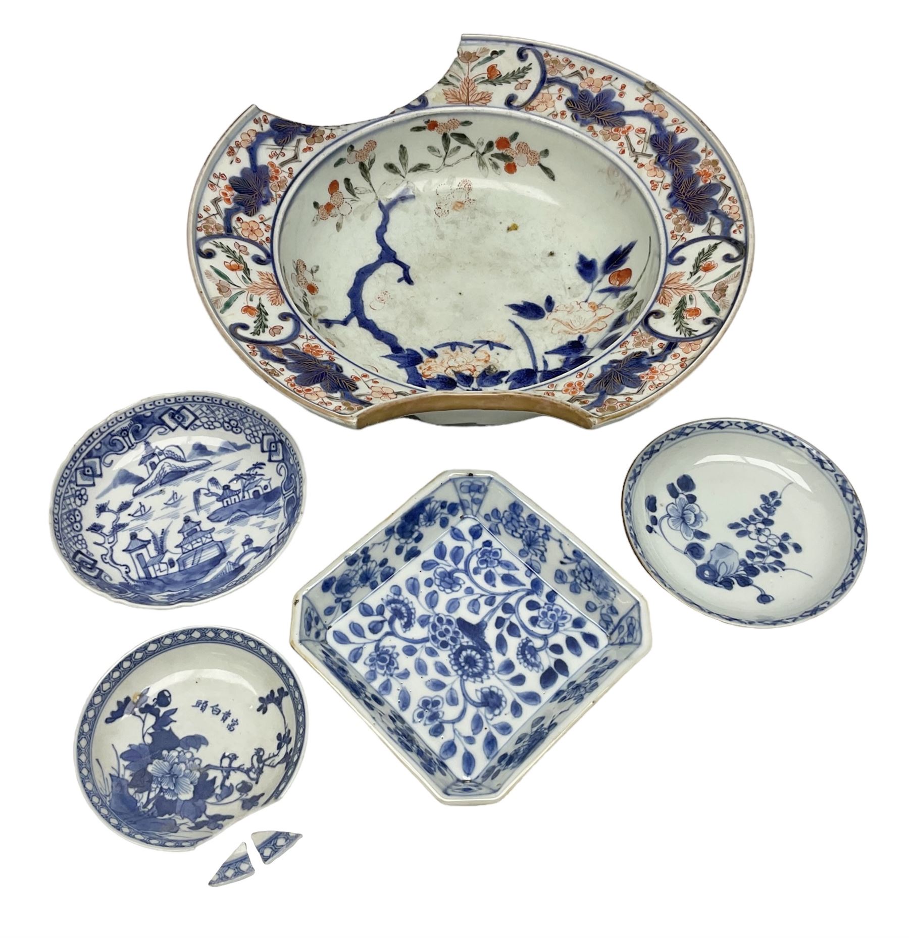 19th Century Imari pattern Japanese blood letting bowl, together with 19th century chinese blue and white square dish with decorated with blossoming flowers, together with thee blue and white saucers 