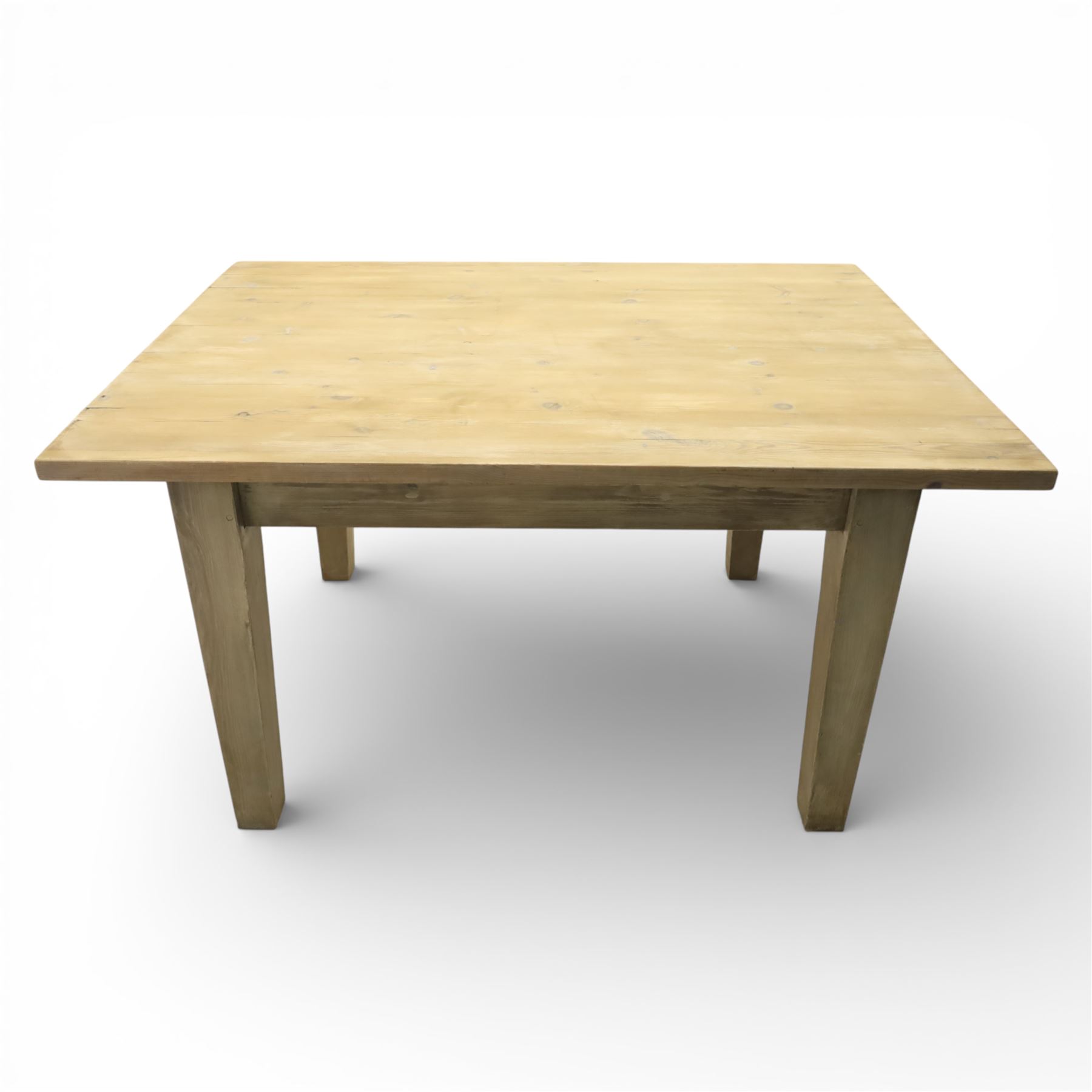 20th century washed pine table, plank top above a single frieze drawer, square tapered supports