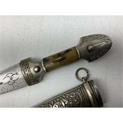 Caucasian qama or kindjal dagger, the 15cm pointed double edged blade with centre fuller and two-piece horn grip;  in nickel plated scabbard with panels of figures and script L28.5cm overall; and eastern knife with 20.5cm curving blade and decorative horn grip; in leather covered scabbard (2)