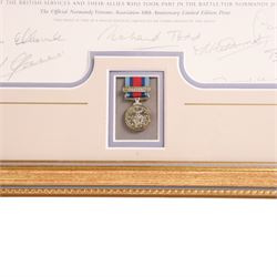 After Michael Turner, (b.1934), D-Day 6th June, 1944, The Official Normandy Veterans Association 60th Anniversary Limited Edition print, signed by the artist and various veterans, including Flying Officer Leslie Valentine, mounted with a miniature medal, framed and glazed 66cm x 80cm