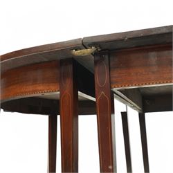 George III and later mahogany extending dining table, two D-ends, central drop-leaf table and loose leaf, satinwood banded tops, on square tapering supports with boxwood stringing