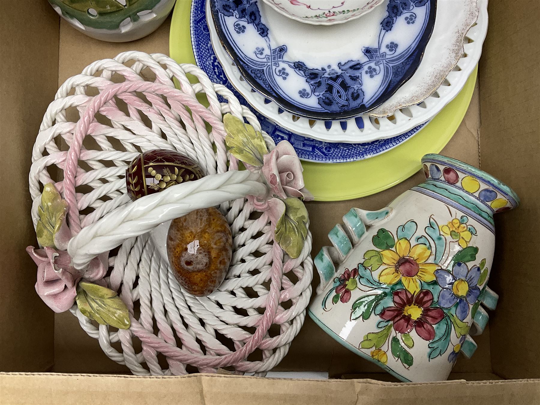 Collection of ceramics to include Bretby jardinière, Royal Worcester, Palissy, Royal Doulton Dickens Ware, Carlton ware, 19th century small dish painted with roses and foliate decoration, lustre, Poole etc in two boxes