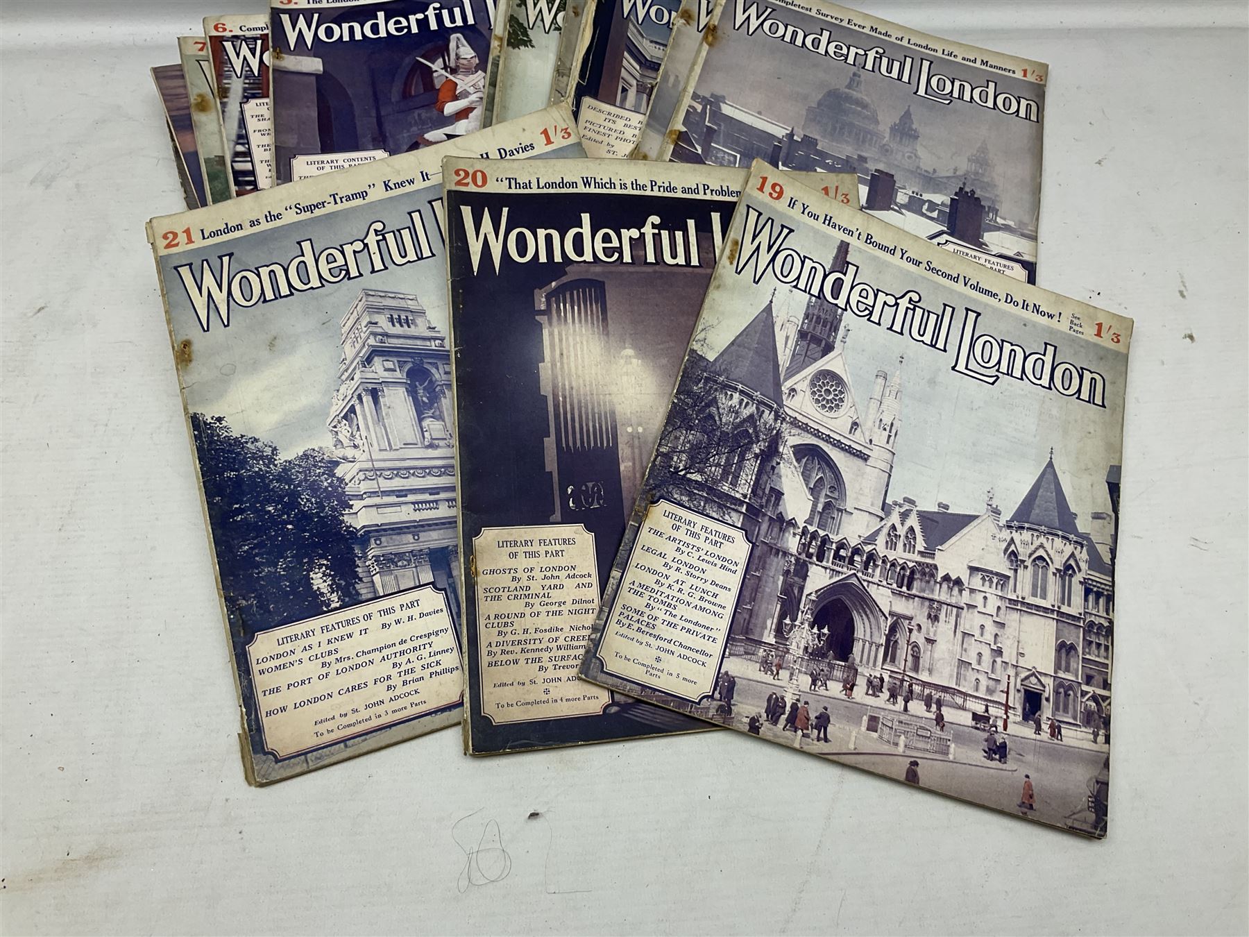 Twenty-three volumes of Wonderful London, early 20th century, edited by St John Adcock, together with WWII Hitler Passed This Way published by the London Evening News, together with Late 19th/early 20th century Amherst Imari style bowl, together with a Bisto blue bowl decorated with blossoming branches, quantity of 19th century and later blue and white ceramics to include twin handled footed dishes etc