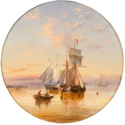 Henry Redmore (British 1820-1887): 'Barges and Other Shipping Drying their Sails in an Estuary Anchorage', circular oil on canvas signed and dated 1860, titled on gallery label verso 33cm diameter 
Provenance: exh. Frost & Reed, label verso
