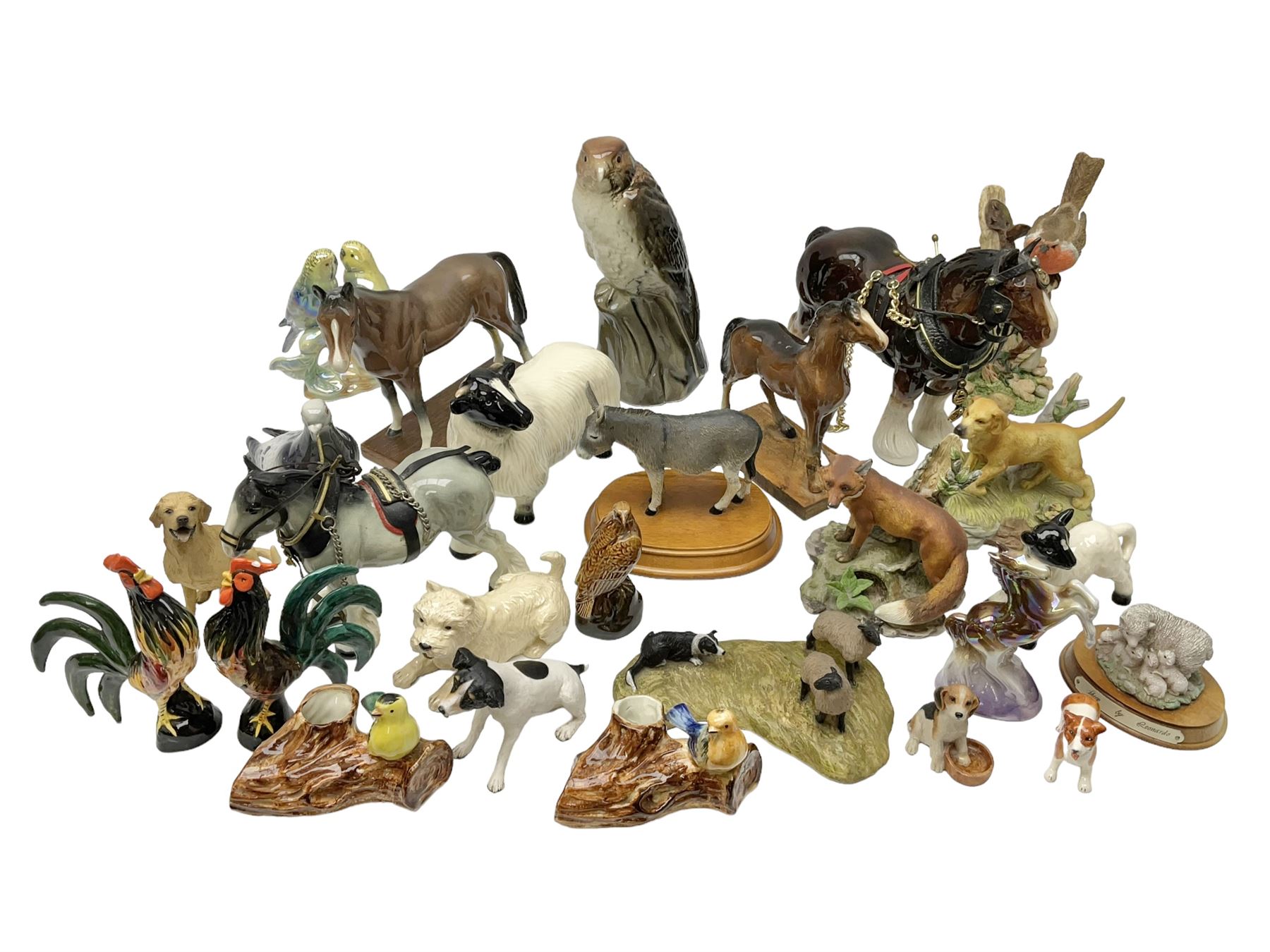 Beswick pigeon no 1383 and a collection of other ceramic animal figures including Campsie Ware lustre budgies, Kowa red fox and Labrador, two shire ponies, two sheep, etc 
