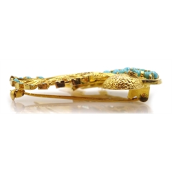  Continental 18ct gold  turquoise set brooch in the form of an exotic bird, crown hallmark    
