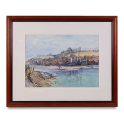 Frank Rousse (British fl.1897-1917): German Battle Cruiser 'Danzig' in Whitby Harbour, watercolour signed 26cm x 37cm 
Notes: Danzig was sold to George Clarkson of Whitby on 17th February 1921 and broken up for scrap between 1921 and 1928. A black and white photograph of the scene viewed from Khyber Pass is reproduced on the reverse of the picture.