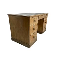 19th century oak twin pedestal desk, fitted with seven drawers, on plinth base