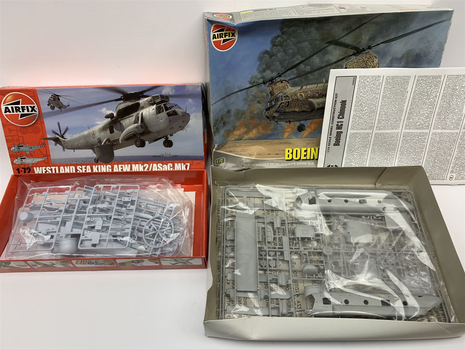 Six plastic model kits of helicopters by various makers including Airfix Boeing Chinook and two x Westland Sea King, Revell Apache, Matchbox Westland Lynx and Italeri Wessex HAS.3; together with three kits of lunar vehicles including Revell Apollo Columbia/Eagle, Command Module and Lunar Module 'Eagle'; and empty Airfix Lunar module box; all boxed  (10)