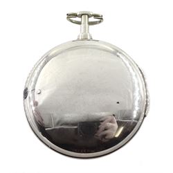 George III silver pair cased verge fusee doctors pocket watch by Charles Vincent, London, No. 393, round pillars, engraved balance cock decorated with a mask, stop/work lever, two intersecting dials with Arabic numerals, case makers mark I C, London 1802