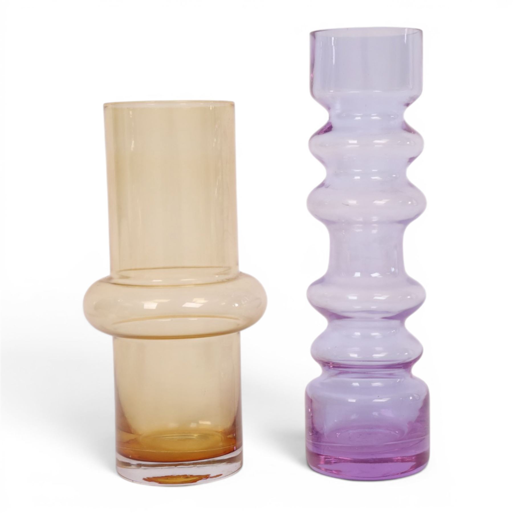 Mid-century Bo Bergstrom style bubble vase, in lilac tones, together with another similar in yellow tones, H24cm