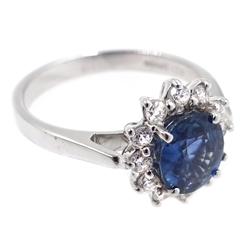  18ct white gold sapphire and diamond cluster ring, hallmarked, sapphire approx 1.2carat  