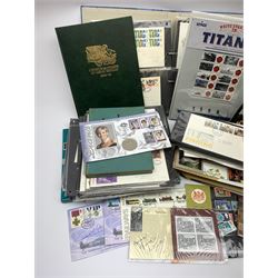 Great British and World stamps in seven albums/folders and loose including FDCs, small number of presentation packs, Wedgwood three pounds book of stamps, coin cover containing 1999 Princess Diana five pound coin etc, in one box