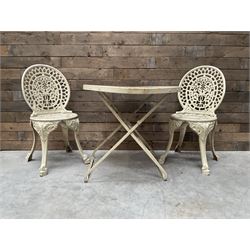 Circular cast aluminium garden table (D74cm, H68cm), and two chairs