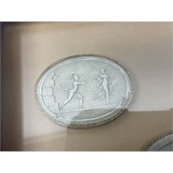 Set of six 19th century Grand Tour plaster intaglios, each depicting classical figures, frame H25cm, W19cm
