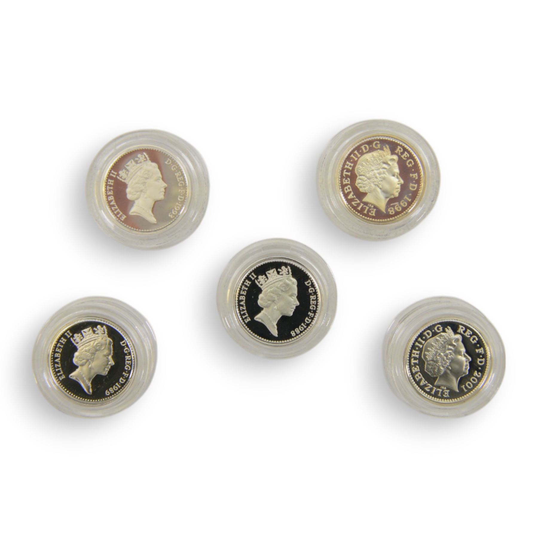 Five The Royal Mint United Kingdom silver proof piedfort one pound coins, dated 1988, 1989, 1993, 1998 and 2001, all cased with certificates 