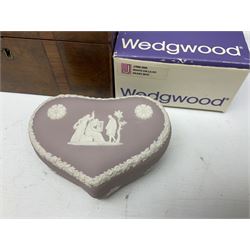 Wedgwood Jasperware to include lilac trinket box with original box, light blue vases, trinket dishes, boxes etc, together with a walnut box, coins and other collectables 