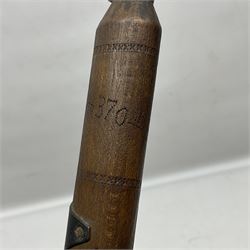 WW1 Prisoner of War carved beech walking cane, the terminal as a head wearing a helmet, and inscribed 'Souvenir from 370th PoW Coy Menin 1919'; bears metal plaque with indistinct monogram L91cm