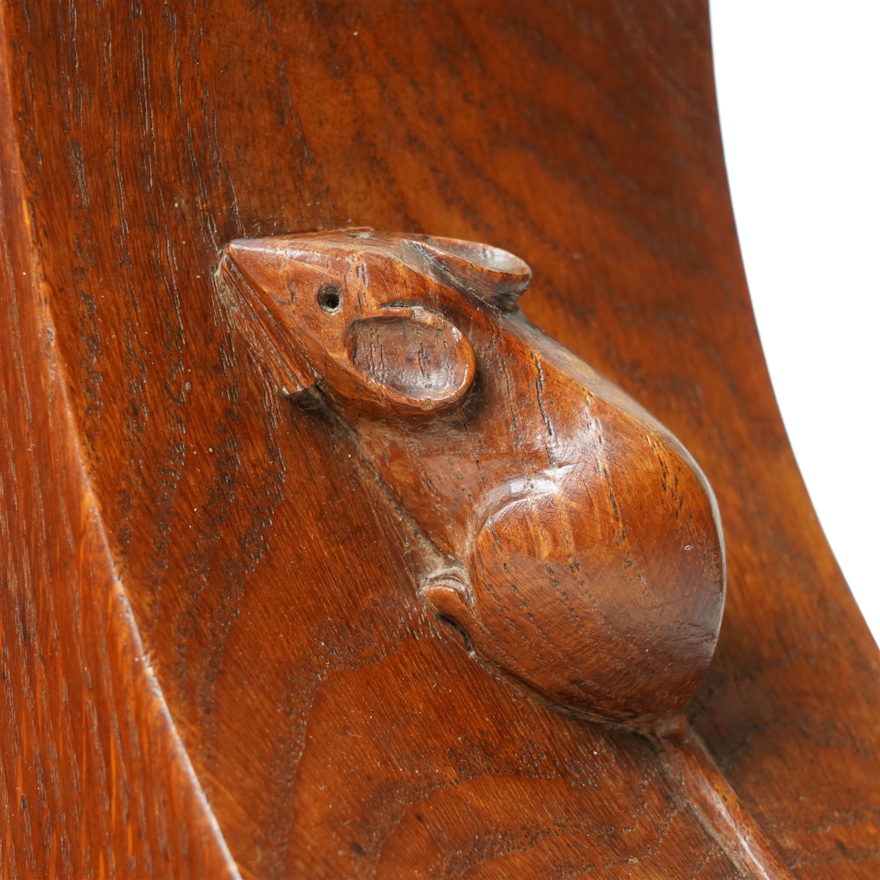 Mouseman - pair of circa 1940s/50s oak bookends, good colour, with carved mouse signatures forming a heart shape when side by side, by Robert Thompson of Kilburn