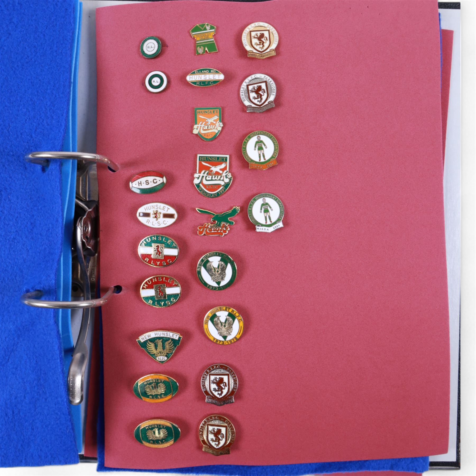Rugby league enamel badge collection, from Oldham, Rochdale Hornets, St Helens, Salford, Sheffield Eagles, Huddersfield Giants, Hull FC, Hunslet and Keighley Cougars, housed in two folders, (approximately 330)
