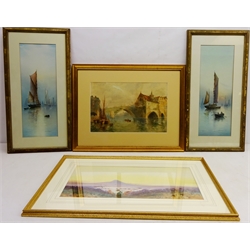  Ouse Bridge York, watercolour signed and dated 1893 by Caroline Audley, Rural Landscape, watercolour signed by Fairfax Cameron, 'Hazy Sunrise' and 'Sunset', two colour prints after Garman Morris max 51cm x 18cm (4)  