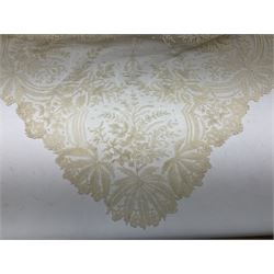Late Victorian/Edwardian Bridal veil of cream brussels lace, comprising bobbin lace motifs applied to a fine machine net ground, floral motifs, swags and sprays, approx 190cmx198cm, with conservators report