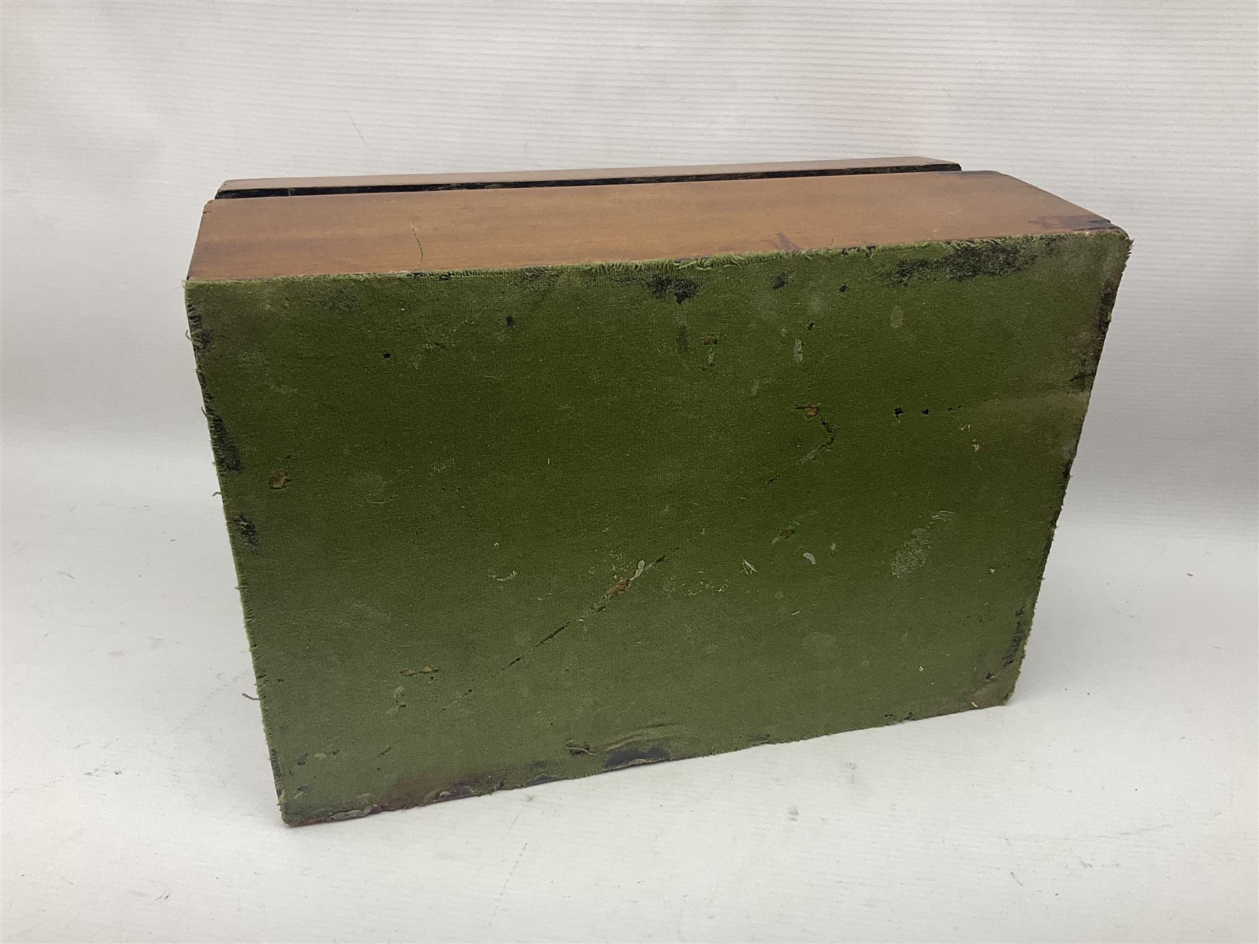 Victorian walnut and parquetry banded work box with brass shield and escutcheon, L30cm, together with mahogany writing slope with green baize writing surface, L35cm