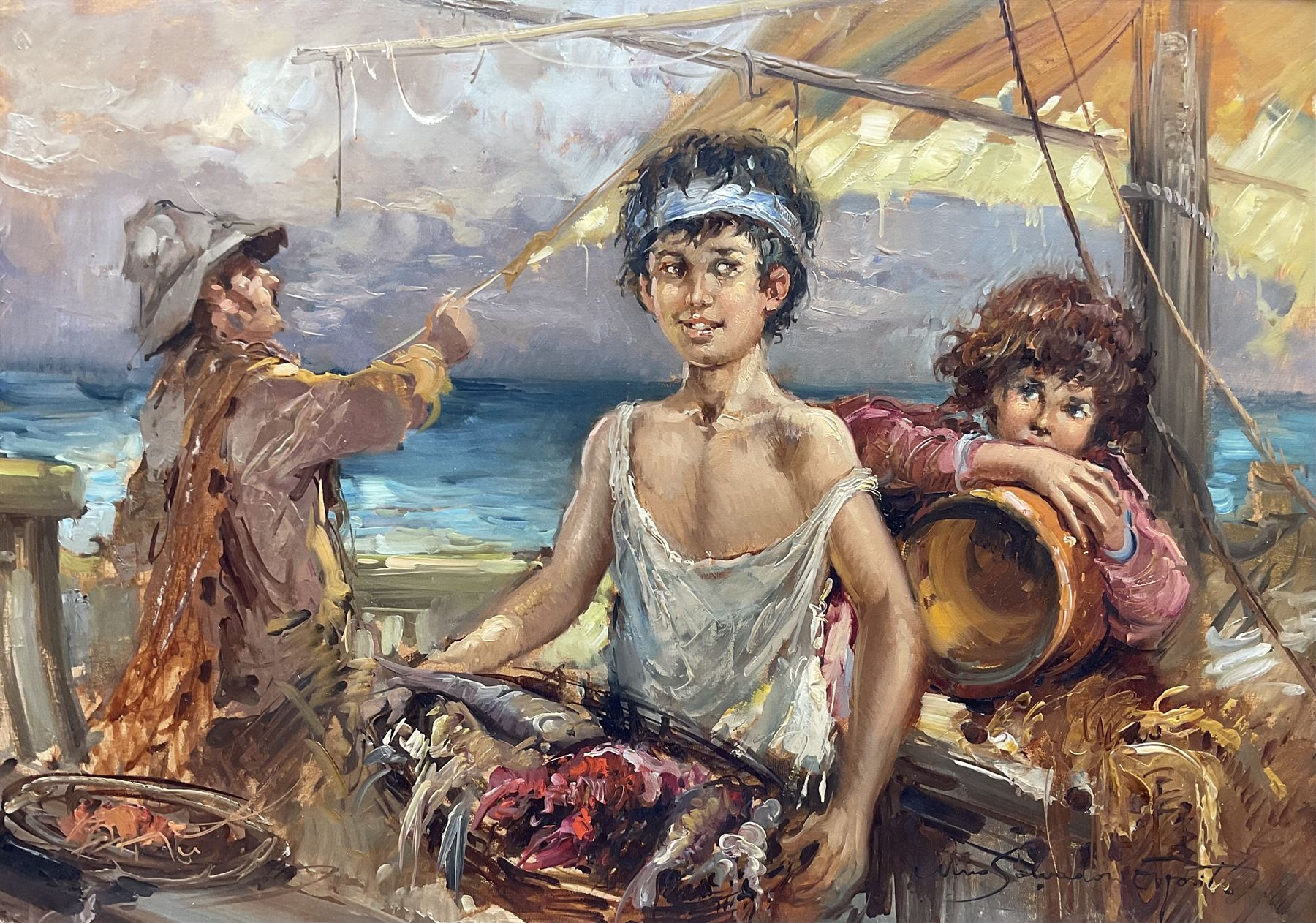 Nino Salvadori (Italian 1918-?): Young Fisherboys, oil on canvas signed 49cm x 69cm